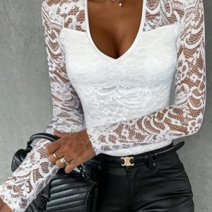 V-Neck Long Sleeve Lace Patch Top, T-shirt & Tees, chicme - Women's Fashion Online