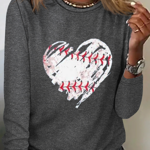 Crew Neck Long Sleeve Heart/Cordate Regular Micro-Elasticity Regular Fit Shirt For Women, Blouses, color:Gray|size:3XL, Noracora