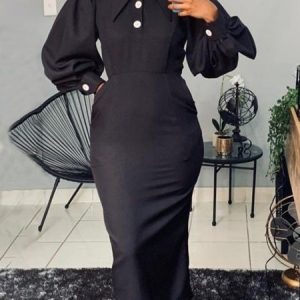Regular Fit Lantern Sleeve Shirt Collar Elegant Dress, Maxi Dresses, color:Black|size:XXL, Stylewe