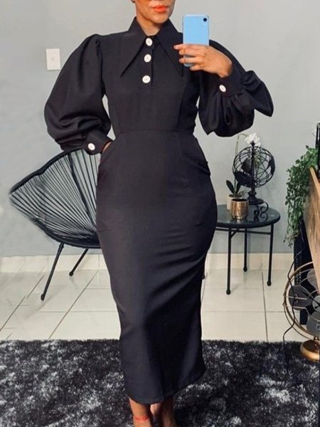 Regular Fit Lantern Sleeve Shirt Collar Elegant Dress, Maxi Dresses, color:Black|size:XXL, Stylewe