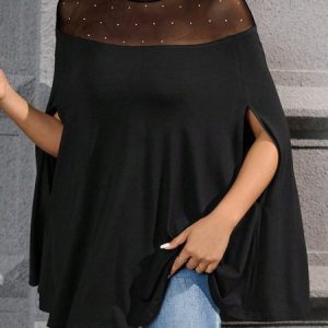 Stand Collar Long Sleeve Plain Mesh Regular High Elasticity Loose Shirt For Women, Blouses, color:Black|size:XXL, Noracora