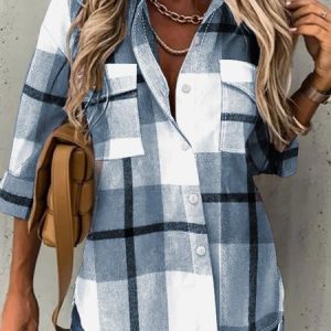 Shirt Collar Long Sleeve Plaid Regular Loose Blouse For Women, Blouses, color:Light Blue|size:XXL, Noracora