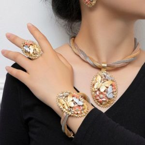 Multicolor Metallic Butterfly Hollow Out Rhinestone Jewelry Set, Earrings, color:As Picture|size:One-size, Stylewe