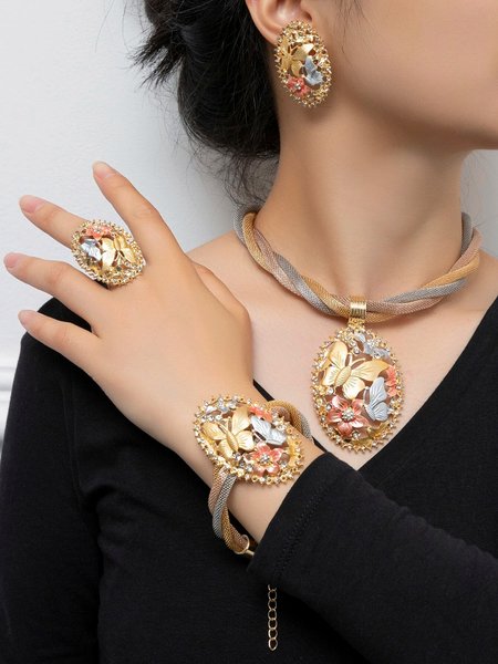 Multicolor Metallic Butterfly Hollow Out Rhinestone Jewelry Set, Earrings, color:As Picture|size:One-size, Stylewe