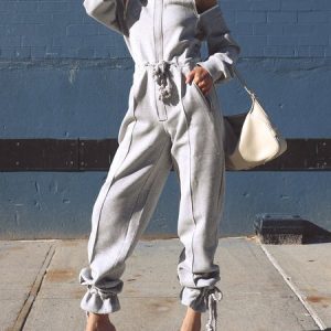 Turtleneck Plain Urban Long Sleeve Regular Fit Jumpsuit, Jumpsuits, color:Gray|size:XXL, Stylewe