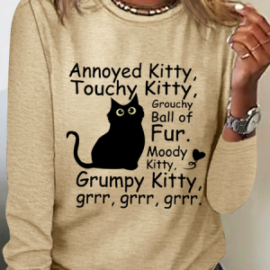 Funny Cat Casual Crew Neck Cotton-Blend Shirt, Long sleeves, Lilicloth.com