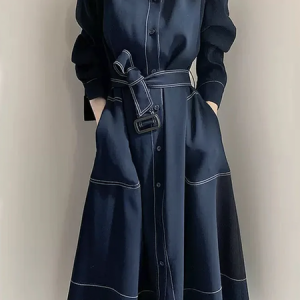 Plus Size Elegant Stand Collar Plain Long Sleeve Loose Dress Shirt Dress With Belt, Plus Dresses, color:Navyblue|size:4X, Stylewe