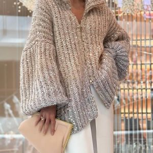 Elegant Loose Plain Zipper Glitter Long Sleeve Sweater, Pullovers, color:As Picture|size:XXL, Stylewe