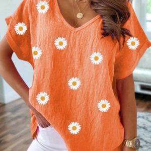 Women's Casual Daily Daisy Pattern V neck Cotton Loose Short Sleeve Tunic Top, Blouses, color:Orange|size:XXL, Noracora
