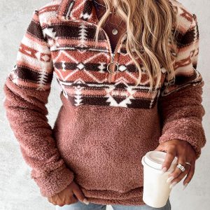 Aztec Geometric Patten Zipper Design Teddy Sweatshirt, Sweats & Hoodies, chicme - Women's Fashion Online