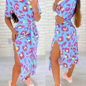 Pink Leopard Print Tied Detail Slit Casual Dress, Casual Dresses, chicme - Women's Fashion Online
