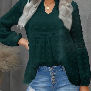 V Neck Long Sleeve Plain Regular Loose Shirt For Women, Blouses, color:Deep Green|size:XXL, Noracora