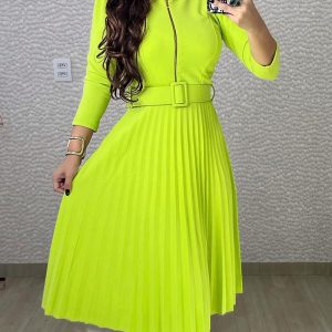Zipper Design Pleated Long Sleeve Midi Dress, Midi Dresses, chicme - Women's Fashion Online