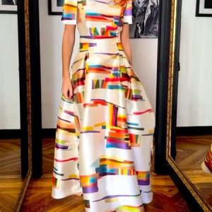 Regular Fit Abstract Short Sleeve Elegant Boat Neck Maxi Dress, Maxi Dresses, color:As Picture|size:XXL, Stylewe