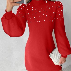 Pearls Studded Lantern Sleeve Casual Dress, Casual Dresses, chicme - Women's Fashion Online