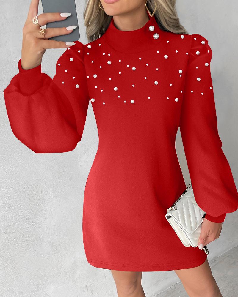 Pearls Studded Lantern Sleeve Casual Dress, Casual Dresses, chicme - Women's Fashion Online