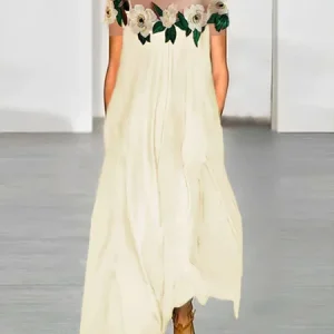 Floral Loose Embroidery Vacation Dress, Maxi Dresses, color:Apricot|size:XS, Stylewe