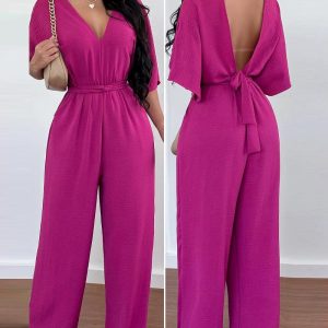 Tied Detail Backless Deep V-Neck Jumpsuit, Jumpsuits, chicme - Women's Fashion Online