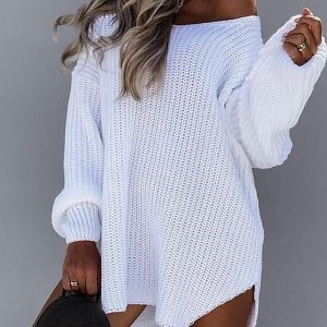 Long Sleeve Slit Round Neck Knit Sweater, Sweaters & Cardigans, chicme - Women's Fashion Online