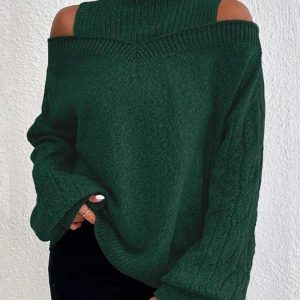 Cable Knit Lantern Sleeve Cold Shoulder Sweater, Sweaters & Cardigans, chicme - Women's Fashion Online