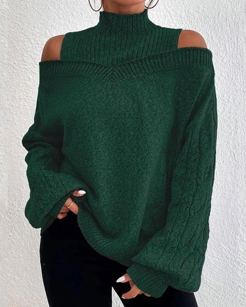 Cable Knit Lantern Sleeve Cold Shoulder Sweater, Sweaters & Cardigans, chicme - Women's Fashion Online