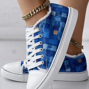 Denim Look Print Raw Hem Eyelet Lace-up Sneakers, Sneakers, chicme - Women's Fashion Online