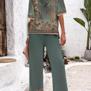Women Floral V Neck Short Sleeve Comfy Casual Top With Pants Two-Piece Set, Sets, color:Green|size:XXL, Noracora