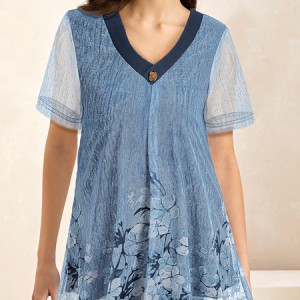 Casual Floral V Neck Short Sleeve T-shirt, T-shirts, color:Blue|size:XXL, Noracora