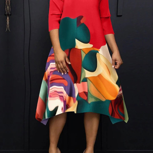 Abstract Elegant Crew Neck Short Sleeve Loose Midi Dress, Midi Dresses, color:Red|size:XXL, Stylewe