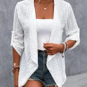 Eyelet Embroidery Turn-Up Sleeves Open Front Coat, women Jackets & Coats, ChicMe catalog