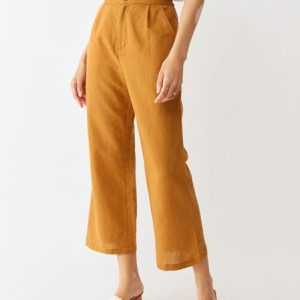 Linen Plain Ankle Pants Fashion Pants, Pants, color:Yellow|size:XXL, Noracora