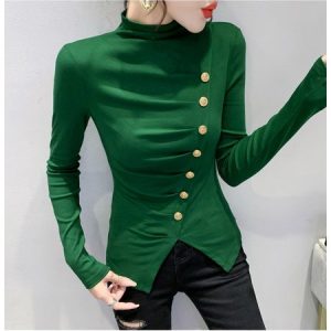 Crew Neck Long Sleeve Plain Buckle Heavyweight High Elasticity Regular Fit Shirt For Women, Blouses, color:darkgreen|size:3XL, Noracora