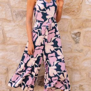 Women Sleeveless V Neck Loose Ankle Pants Daily Casual Leaf Natural Jumpsuit, Jumpsuits&Rompers, color:Purplish blue|size:XXL, Noracora