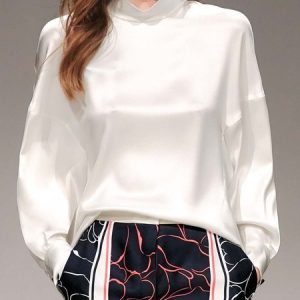Solid Turtleneck Elegant Long Sleeve Shift Top, Blouses and Shirts, color:White|size:XXL, Stylewe