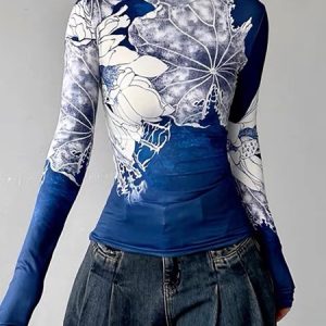 Stand Collar Urban Floral Long Sleeve T-Shirt, Tees, color:Blue|size:XXL, Stylewe