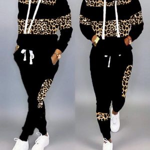 Leopard Print Long Sleeve Hoodie & Pants Set, Two-piece Sets, chicme - Women's Fashion Online