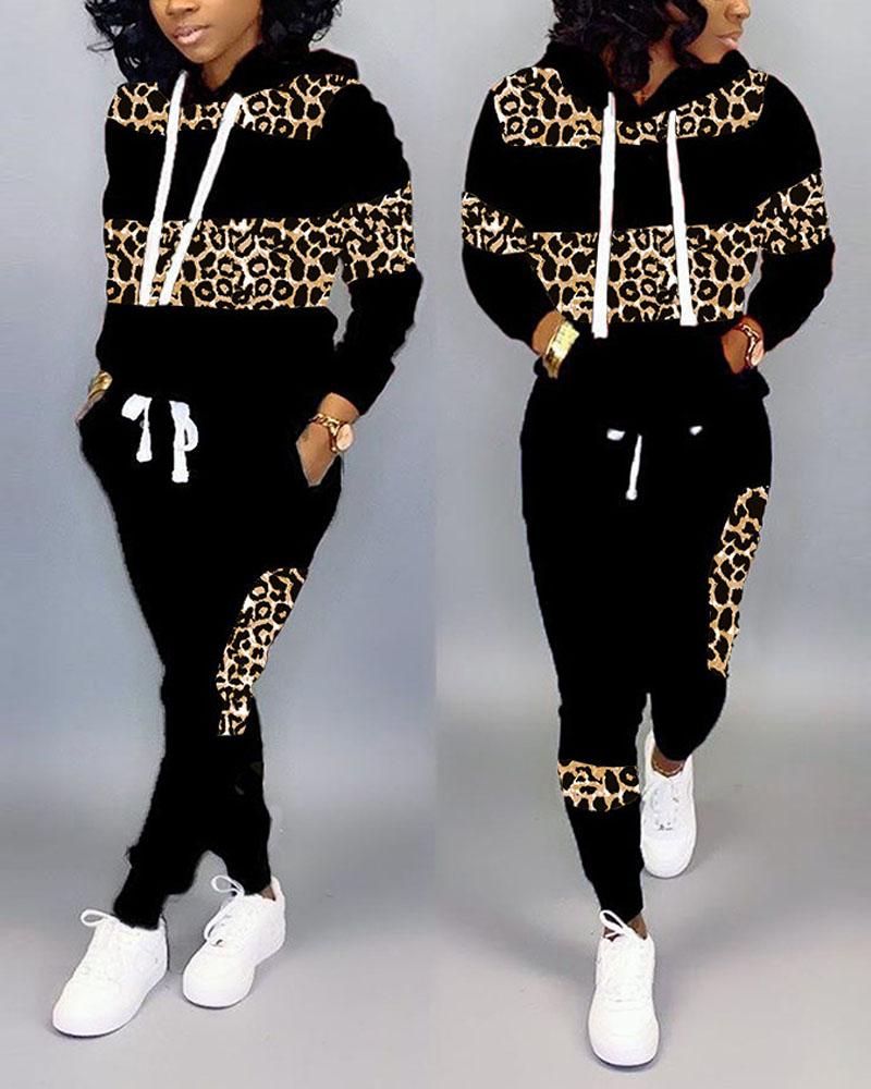 Leopard Print Long Sleeve Hoodie & Pants Set, Two-piece Sets, chicme - Women's Fashion Online