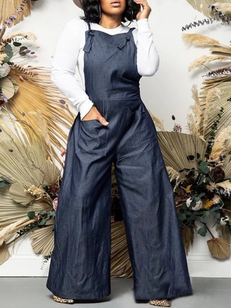 Daily Pocket Casual Plain Faux Denim Wide Leg Jumpsuit, Denim Jumpsuits, color:Blue|size:XXL, Stylewe