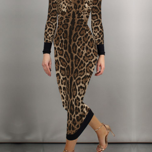Tight High Elasticity Elegant Boat Neck Long Sleeve Leopard Maxi Dress, Maxi Dresses, color:Leopard|size:XXL, Stylewe