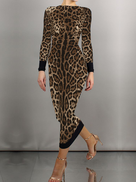 Tight High Elasticity Elegant Boat Neck Long Sleeve Leopard Maxi Dress, Maxi Dresses, color:Leopard|size:XXL, Stylewe