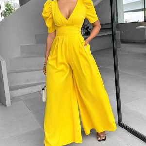 Puff Sleeve Plunge Wide Leg Jumpsuit, Jumpsuits, chicme - Women's Fashion Online