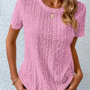 Loose Casual Crew Neck Solid Eyelet Embroidery Round Neck Tee, Blouses, color:Pink|size:XXL, Noracora