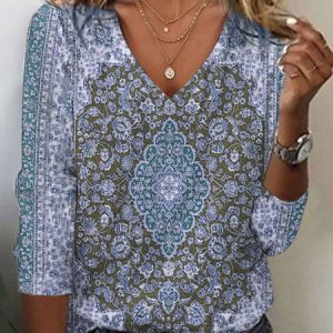 Casual V Neck Loose Ethnic T-Shirt, Long sleeves, Lilicloth.com