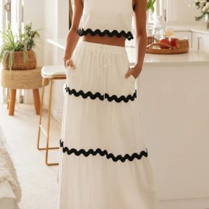 Women Color Block Spaghetti Sleeveless Comfy Casual Top With Skirt Two-Piece Set, Sets, color:White|size:XXL, Noracora