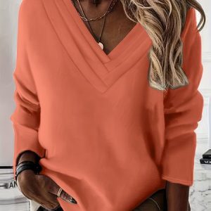 Casual V Neck Plain Sweatshirt, Hoodies & Sweatshirts, color:Orange|size:XXL, Noracora