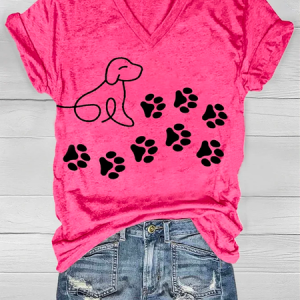 Women's Dog Paw Print Casual Loose V Neck Dog T-Shirt, T-shirts, Lilicloth.com