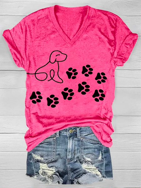 Women's Dog Paw Print Casual Loose V Neck Dog T-Shirt, T-shirts, Lilicloth.com