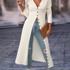 Long Sleeve Buttoned Ribbed Longline Top, Blouses & Shirts, chicme - Women's Fashion Online