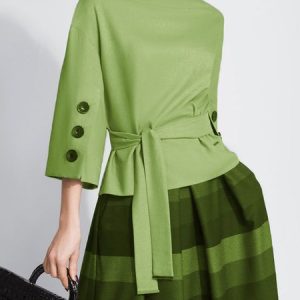 Crew Neck Elegant Shirt With Belt, Blouses and Shirts, color:Green|size:XXL, Stylewe