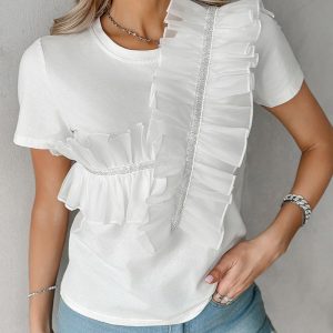 Sheer Mesh Patch Ruffle Hem T-Shirt, T-shirt & Tees, chicme - Women's Fashion Online